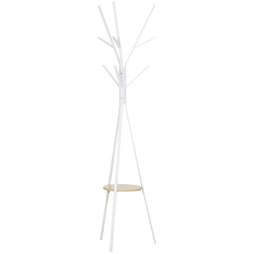 MCL Freestanding Metal Coat Rack Stand 9 Hooks Clothes Tree with 1 Shelf Hat Display Hall Tree Hanger Bag Umbrella Hanging Organiser White