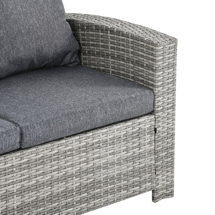 6 Pieces PE Rattan Garden Furniture Set with Three-seat, Armchairs and Footstools, Aluminium Patio Wicker Dining Sets w/ Glass Top Dining Table, Soft Cushion, Light Grey
