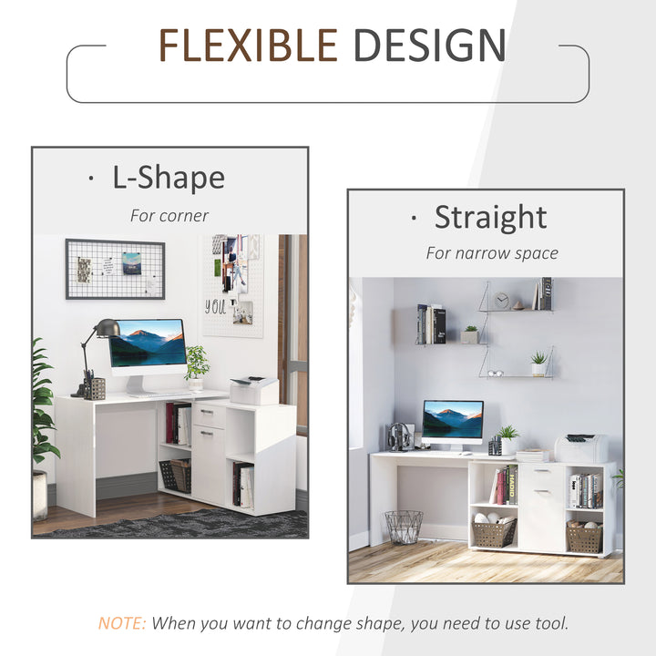 L-Shaped Computer Desk with Storage Compartments, Drawer and Cabinet, Laptop PC Corner Table, Home Office Workstation, 120 x 115 x 76cm, White