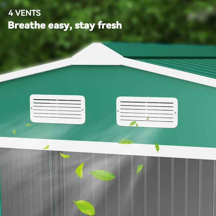 9 x 6ft Metal Garden Shed, Outdoor Storage Tool House with Ventilation Slots, Foundation Kit and Lockable Double Doors, Green