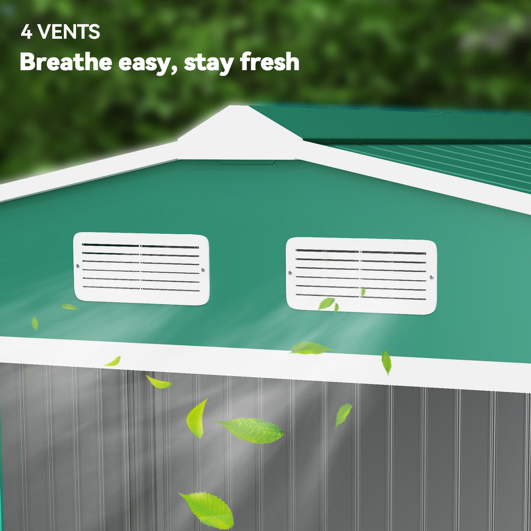 MCL 9 x 6ft Metal Garden Shed, Outdoor Storage Tool House with Ventilation Slots, Foundation Kit and Lockable Double Doors, Green