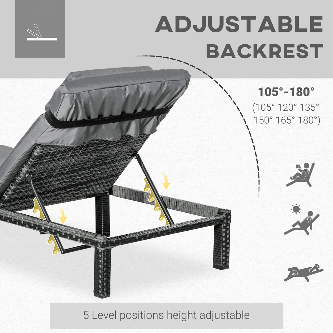 2 Pieces Outdoor PE Rattan Sun Loungers set of 2 with Cushion, Garden Wicker Sunbed Furniture with 5-Level Recliner Backrest, Grey
