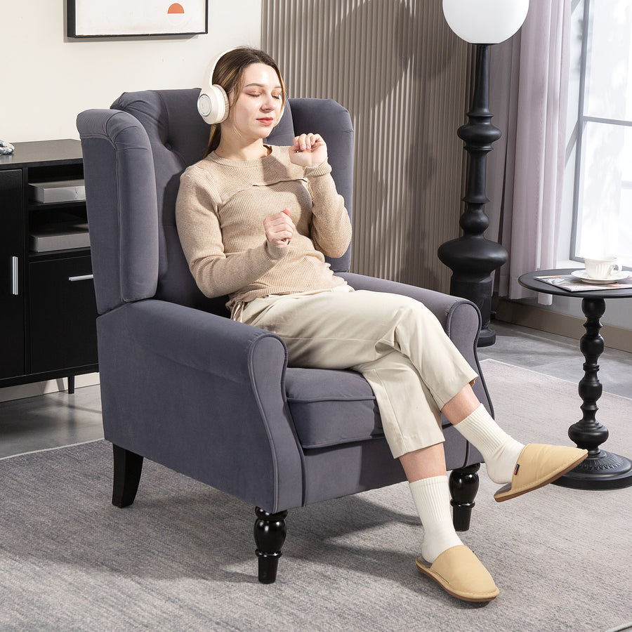 Wingback Accent Chair, Retro Upholstered Button Tufted Occasional Chair for Living Room and Bedroom, Charcoal Grey