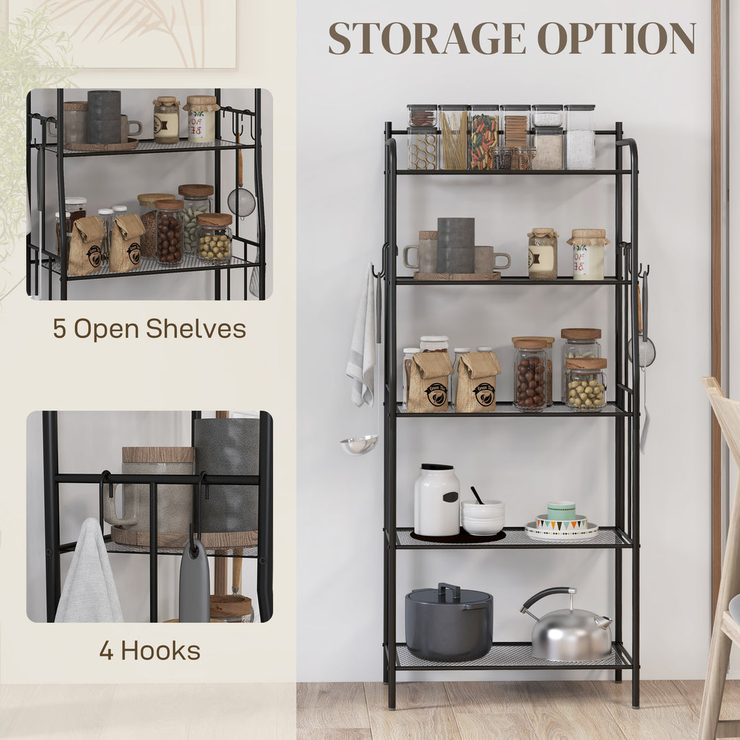 HOMCOM 5-Tier Kitchen Storage Unit, Microwave Stand w/ 5 Mesh Open Shelves & 4 Hooks, Modern Coffee Bar Station w/ Steel Frame for Home | Aosom UK