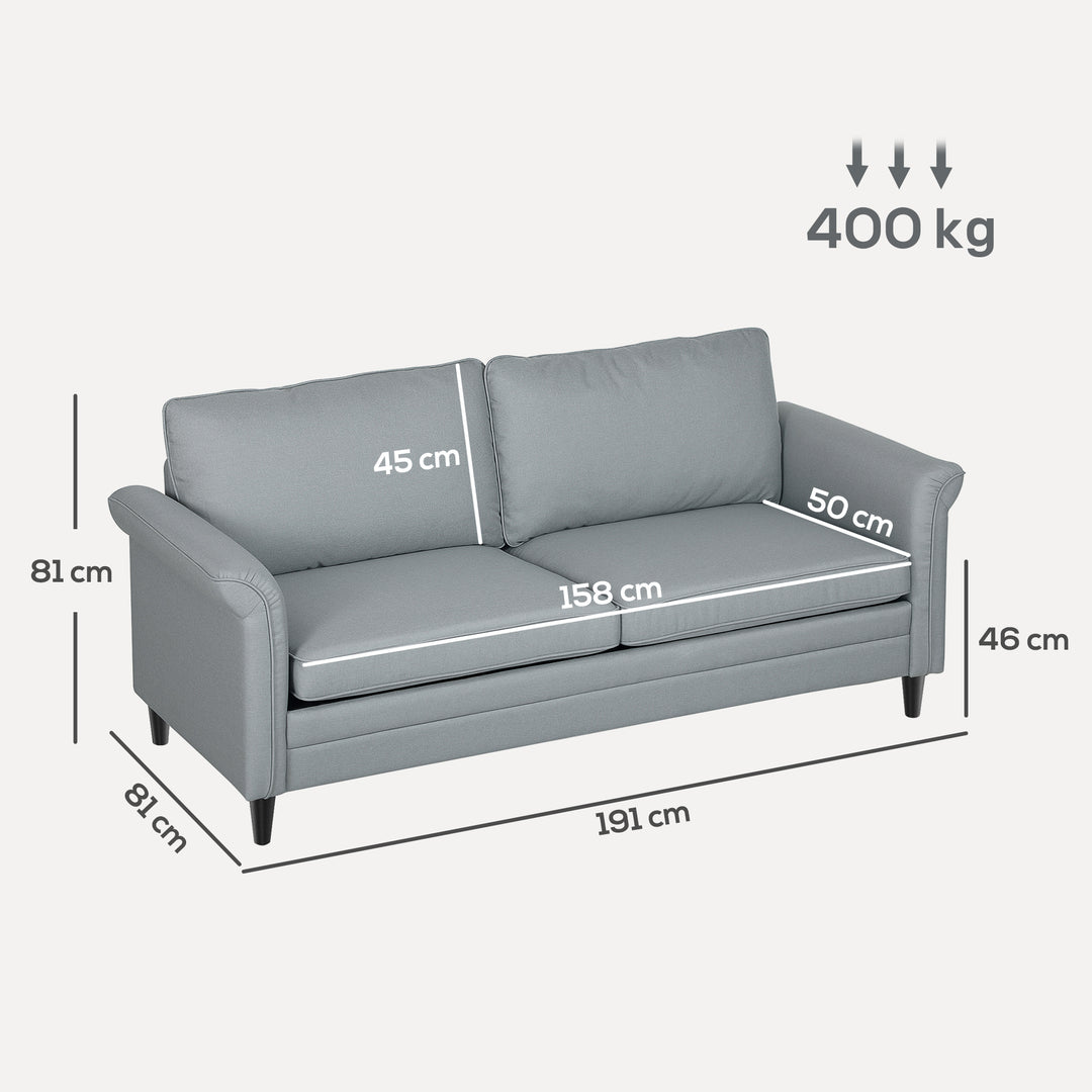 3 Seater Sofa, Modern Fabric Sofa Couch with Spring Cushion, Rubber Wood Legs, 191cm Upholstered Settee for Living Room, Bedroom, Home Office, Guest Room, Grey