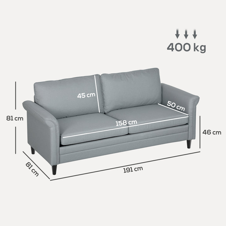 3 Seater Sofa, Modern Fabric Sofa Couch with Spring Cushion, Rubber Wood Legs, 191cm Upholstered Settee for Living Room, Bedroom, Home Office, Guest Room, Grey
