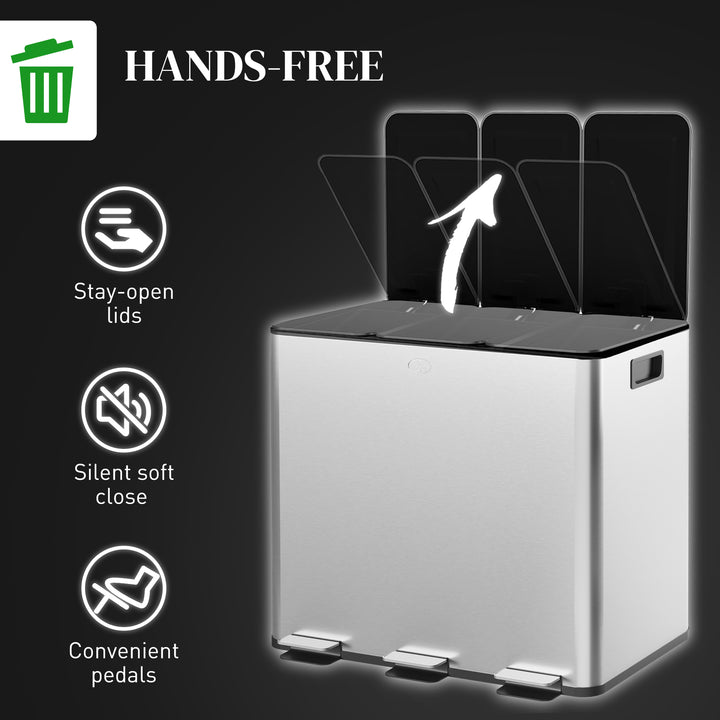 3 x 15L Pedal Bin, Steel Triple Kitchen Bin with Soft Close Lid, Removable Inner Buckets, Fingerprint-Proof, Silver Tone