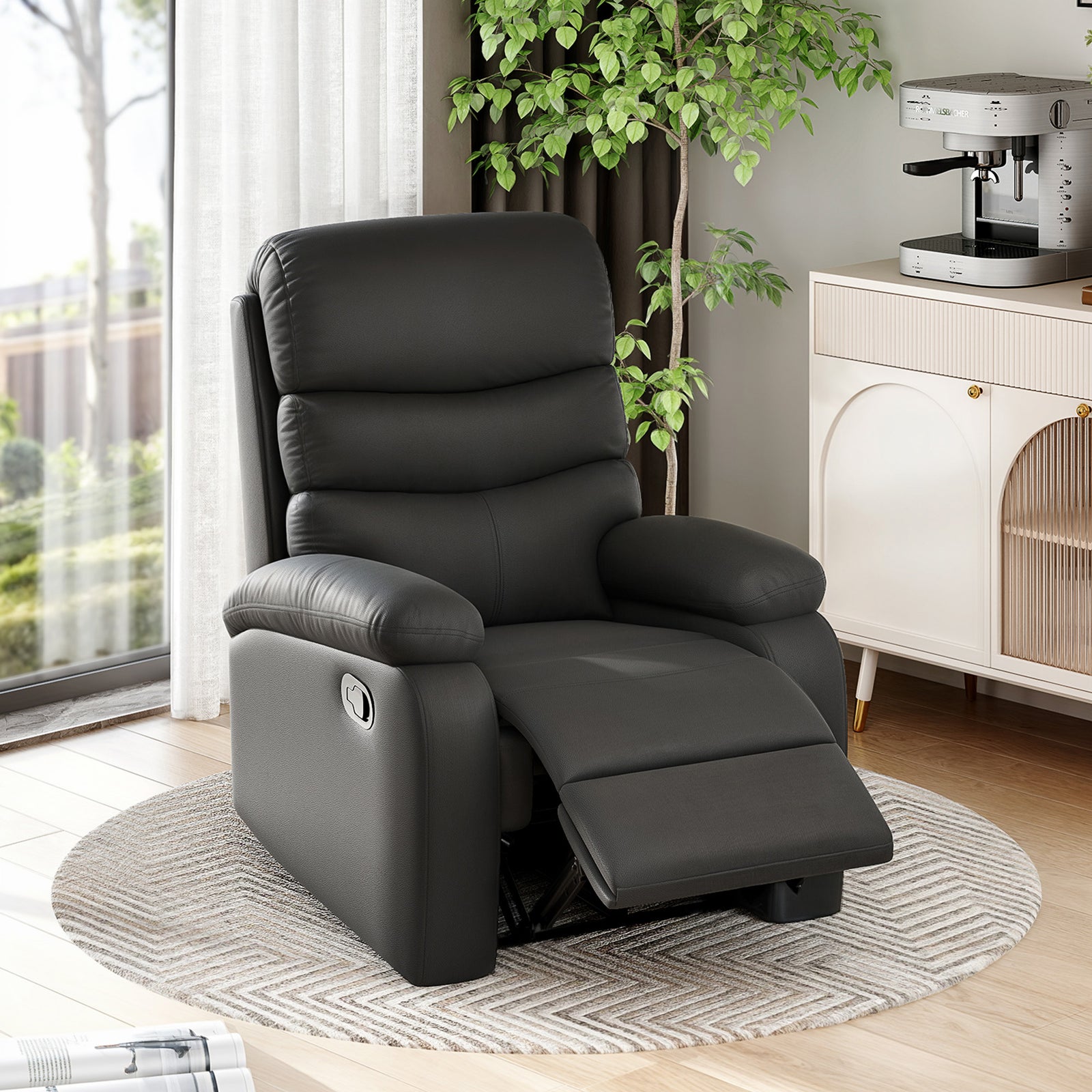 PU Leather Reclining Chair, Manual Recliner Chair with Padded Armrests, Retractable Footrest and Wood Frame, Black