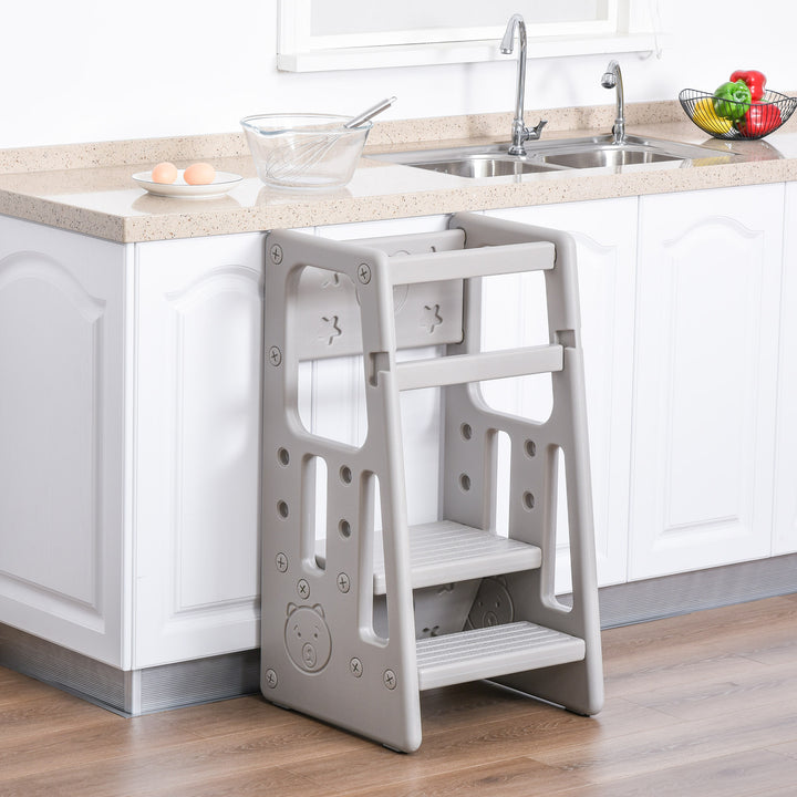 HOMCOM Kids Step Stool Adjustable Standing Platform Toddler Kitchen Stool -Standing Tower for Kitchen Counter Learning Platform w/ Three Heights Grey