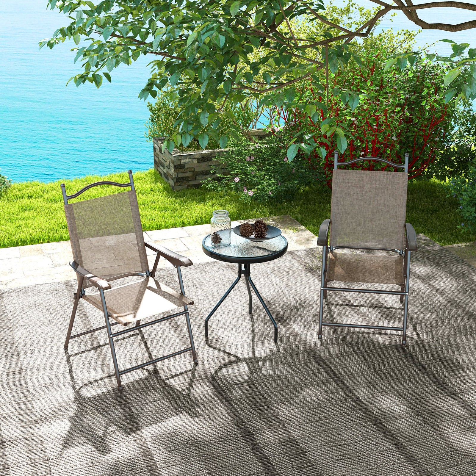 Set of Two Folding Garden Chairs, with Fabric Mesh Seats - Mixed Brown