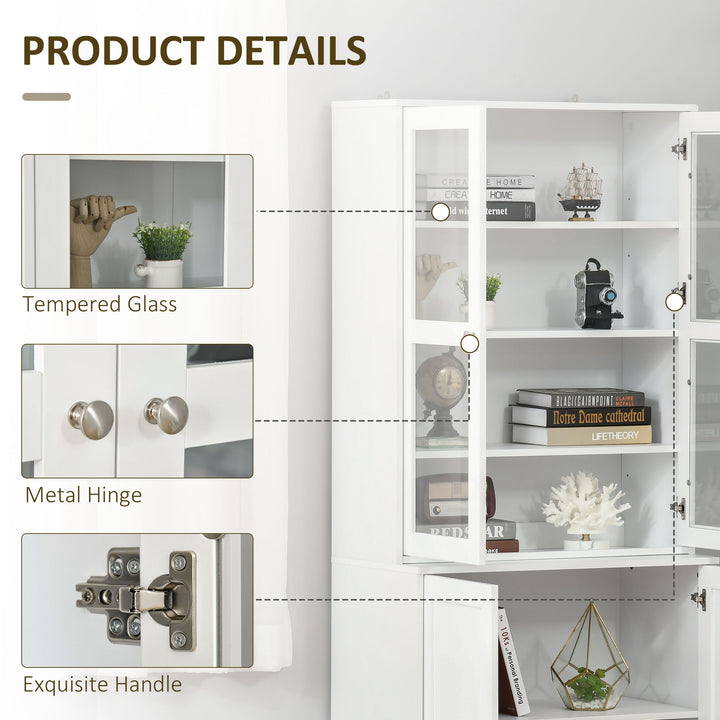 Modern Bookcase with Glass Doors, Display Storage Cabinet with Adjustable Shelves for Living Room, Study, Home Office, Kitchen Cupboard with Small Open Counter, White