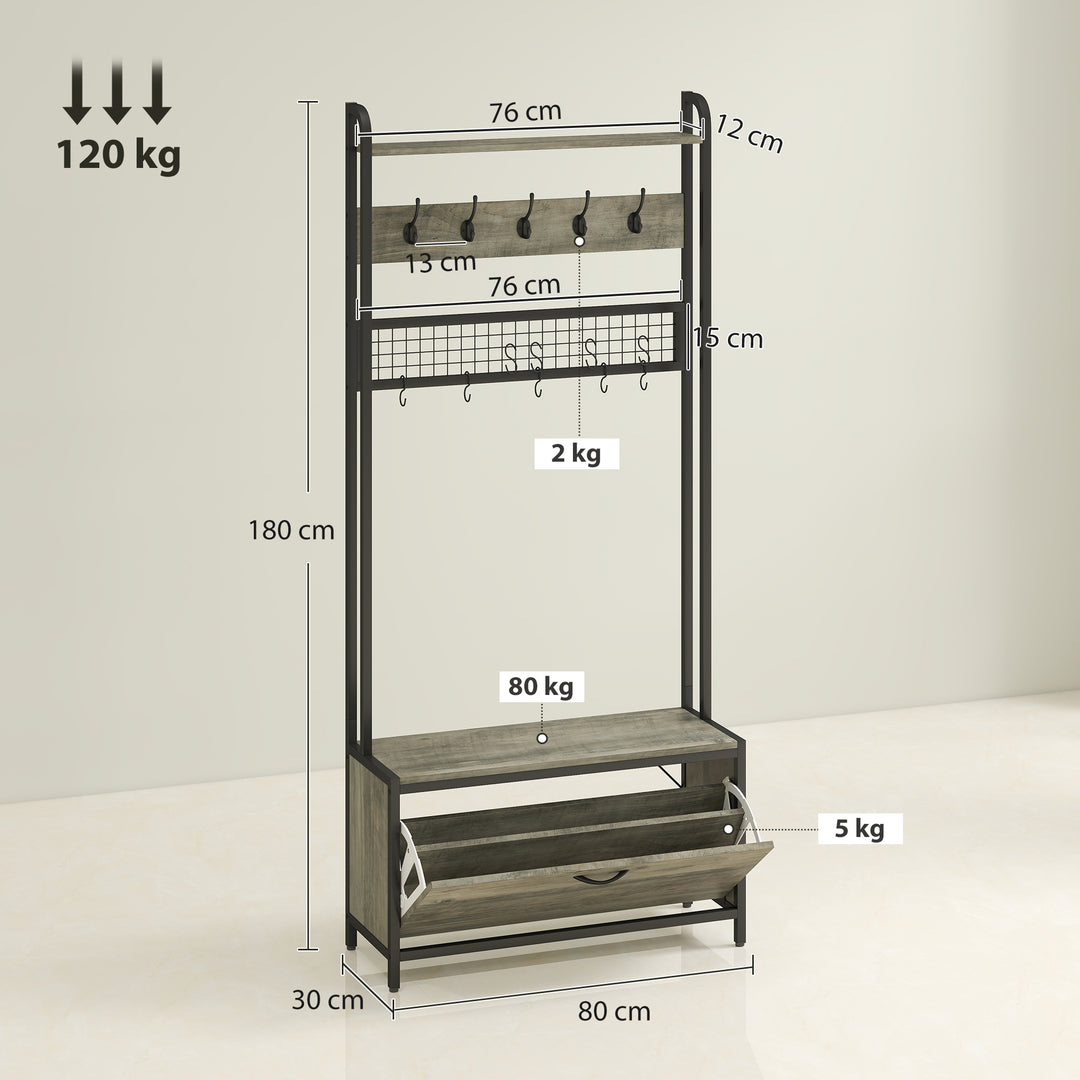 5-In-1 Industrial-Style Hallway Tree - Grey/Black