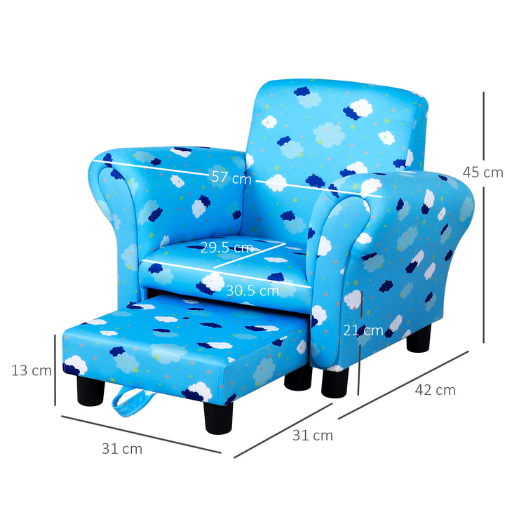 HOMCOM Childrens Sofa Mini Sofa Wood Frame w/ Footrest Anti-Slip Legs High Back Arms Bedroom Playroom Furniture Cute Cloud Star Blue | Aosom UK