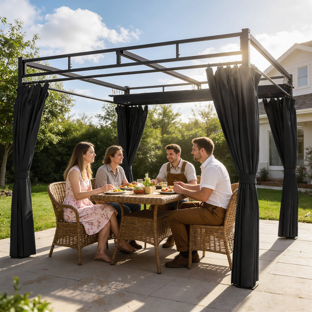 3 x 3 m Pergola with Retractable Roof Canopy and Curtains, UPF30+ Metal Frame Garden Pergola Gazebo Sun Shade