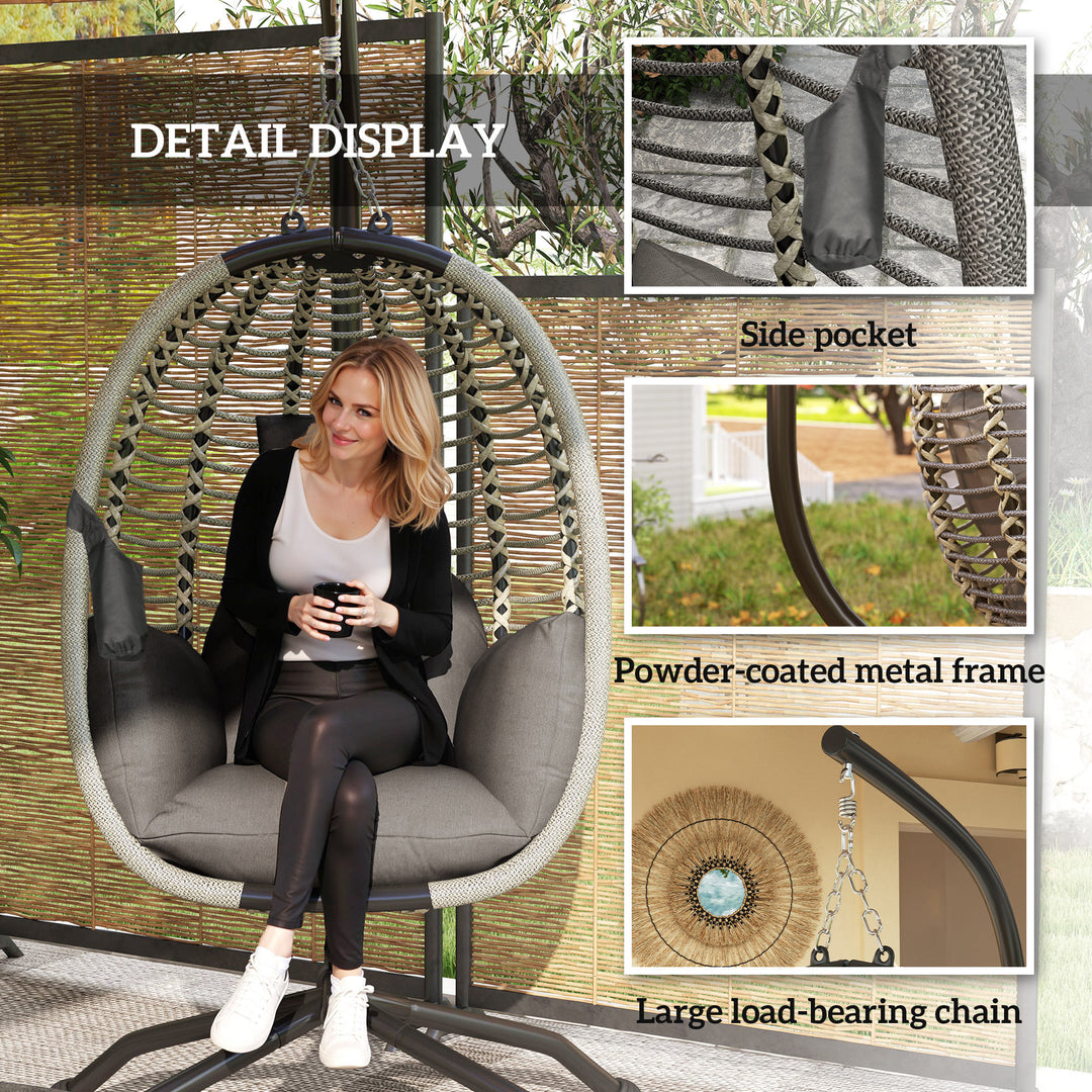 Outdoor Swing Chair with Thick Padded Cushion, Patio Hanging Egg Chair with Metal Stand, Foldable Basket, Cup Holder, Rope Structure for Indoor & Outdoor, Dark Grey