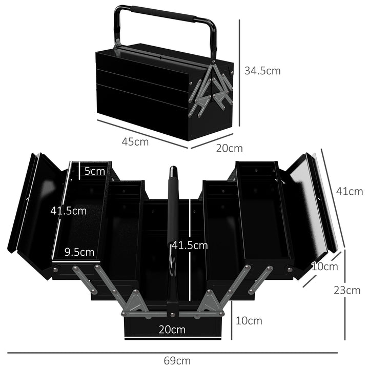 DURHAND Professional 3 Tier Metal Toolbox, 5 Tray Portable Tool Box with Handle, Workshop Storage, 45cmx22.5cmx34.5cm, Black | Aosom UK