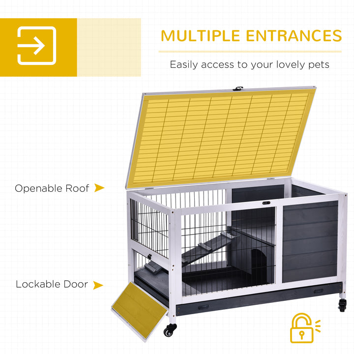 Wooden Guinea Pig Hutch, 2-Floor Bunny Cage w/ Enclosed Run Area, Grey