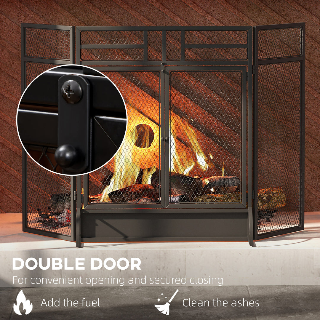 MCL 3-Panel Folding Fireplace Screen with Door, Freestanding Spark Guard, Metal Mesh Fireguard, Black