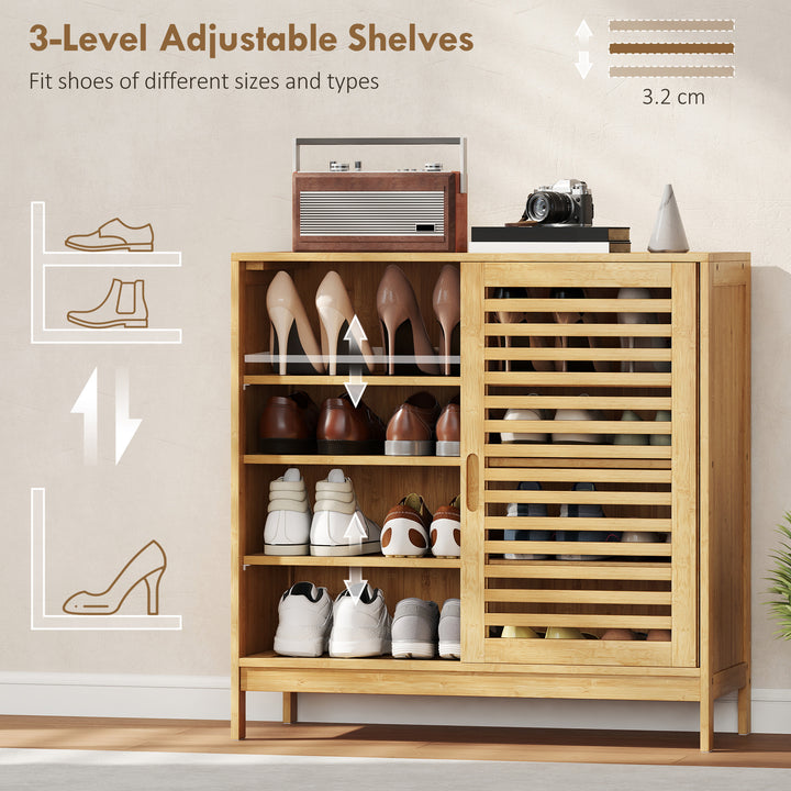 Bamboo Shoe Cabinet with 2 Sliding Slat Doors, 16Pairs, Adjustable She