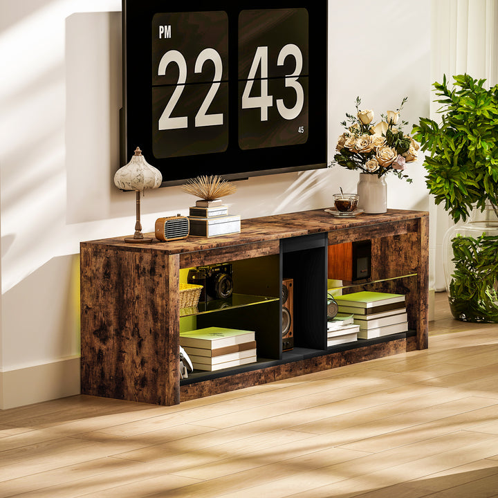TV Stand Cabinet with LED Lights and Remote Control for TVs up to 65", Entertainment Centre with Storage Shelves and Compartment, Rustic Brown