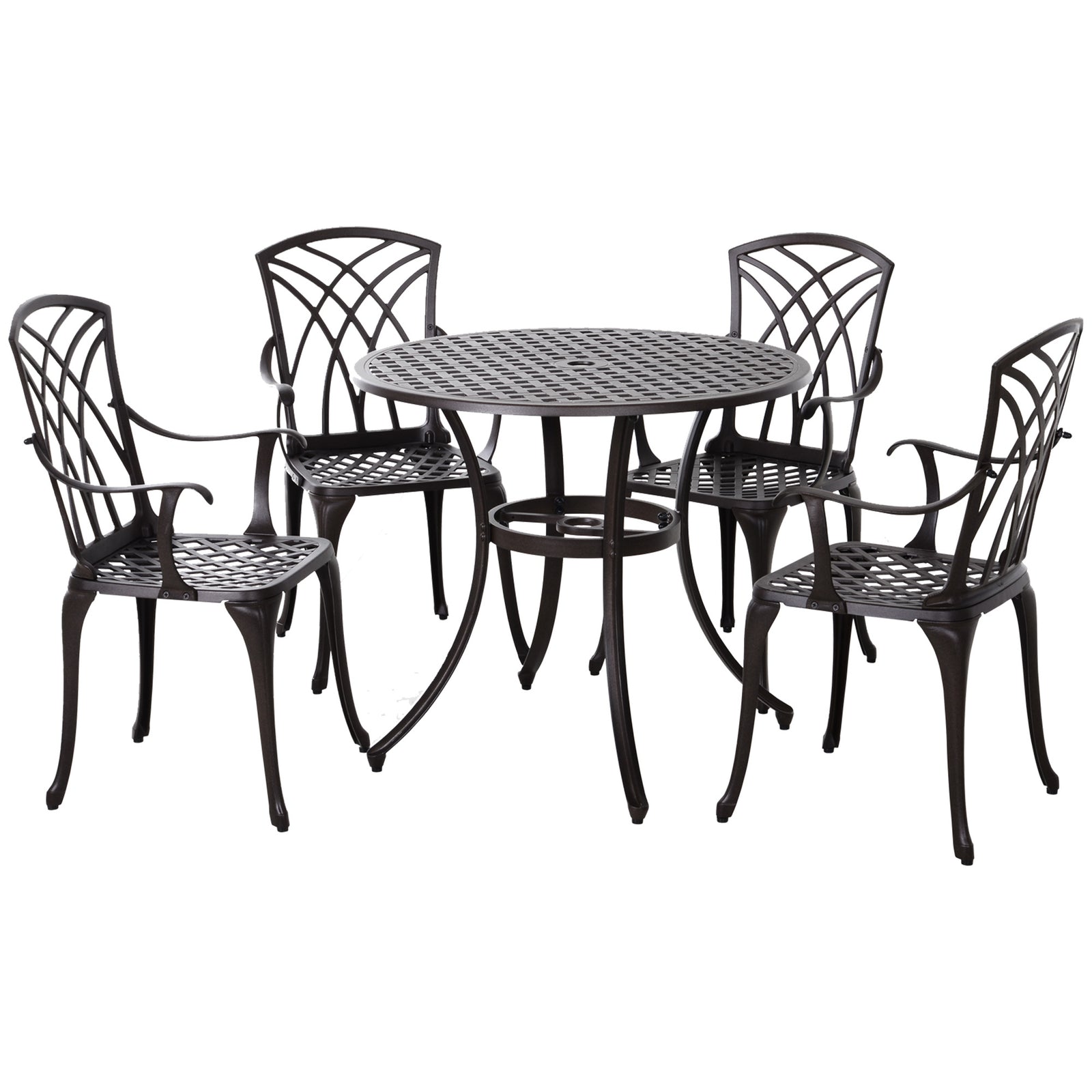 5 Pieces Garden Dining Set for 4, Cast Aluminium Outdoor Dining Set with 4 Armchairs and Round Dining Table with Parasol Hole, Garden Furniture Set, Brown
