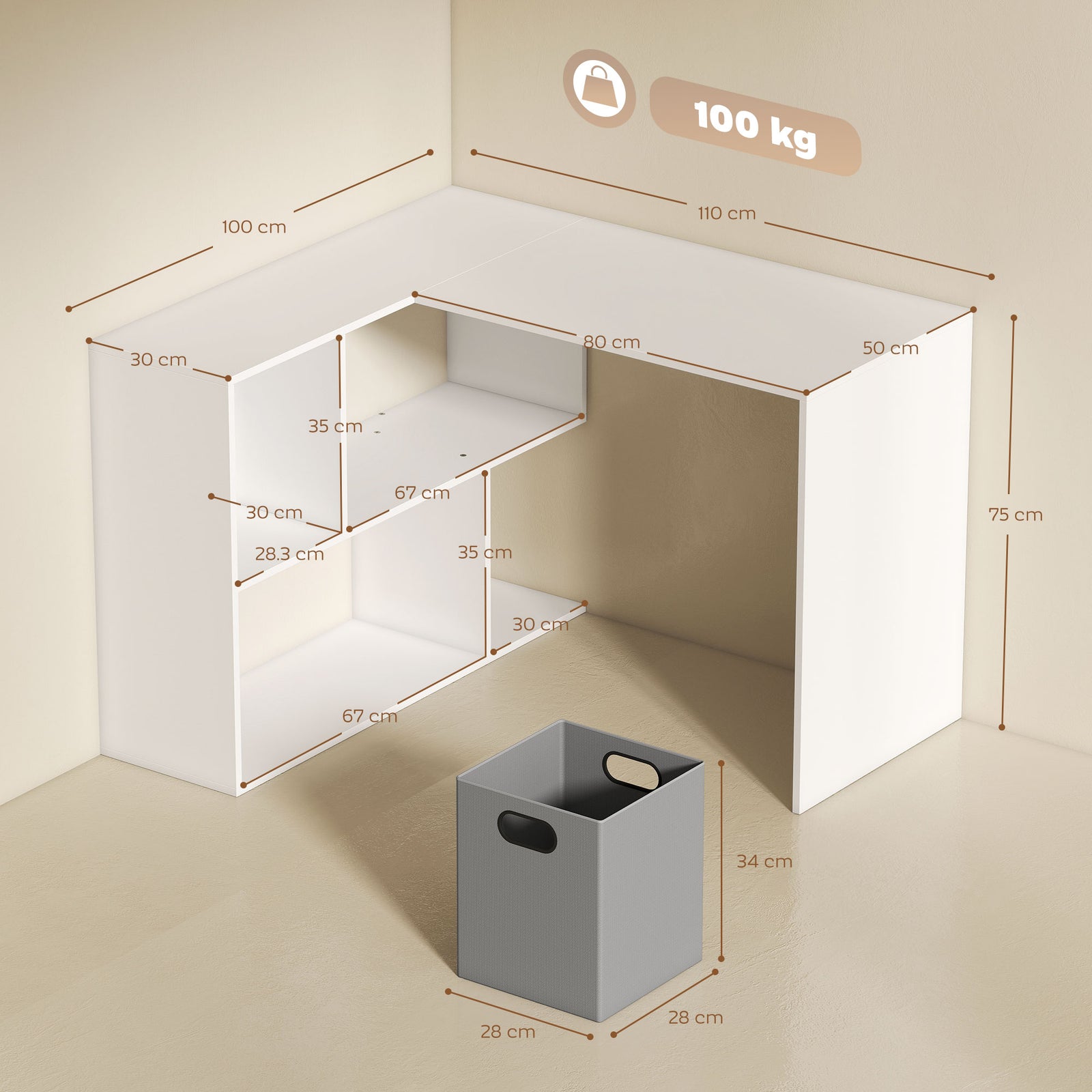 L Shaped Computer Desk, 110 x 100cm Reversible Corner Desk with Fabric