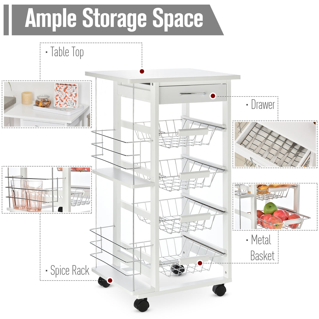 Rolling Kitchen Cart, Utility Storage Cart with 4 Basket Drawers & Side Racks, Wheels for Dining Room, White