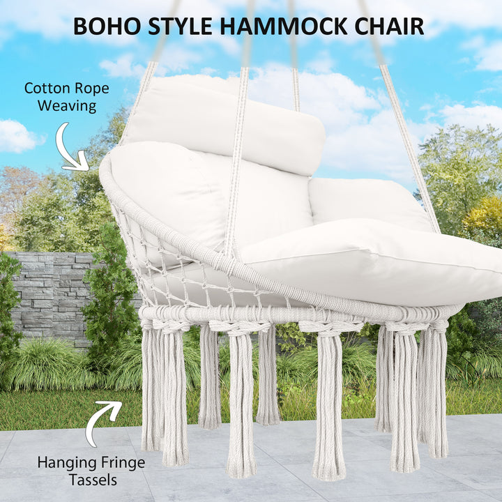 Hanging Chair Outdoor Hammock Chair with Soft Cushion, Cotton Rope Boho Style Swing Chair, Hanging Garden Swing Seat for Indoor Outdoor, Cream White