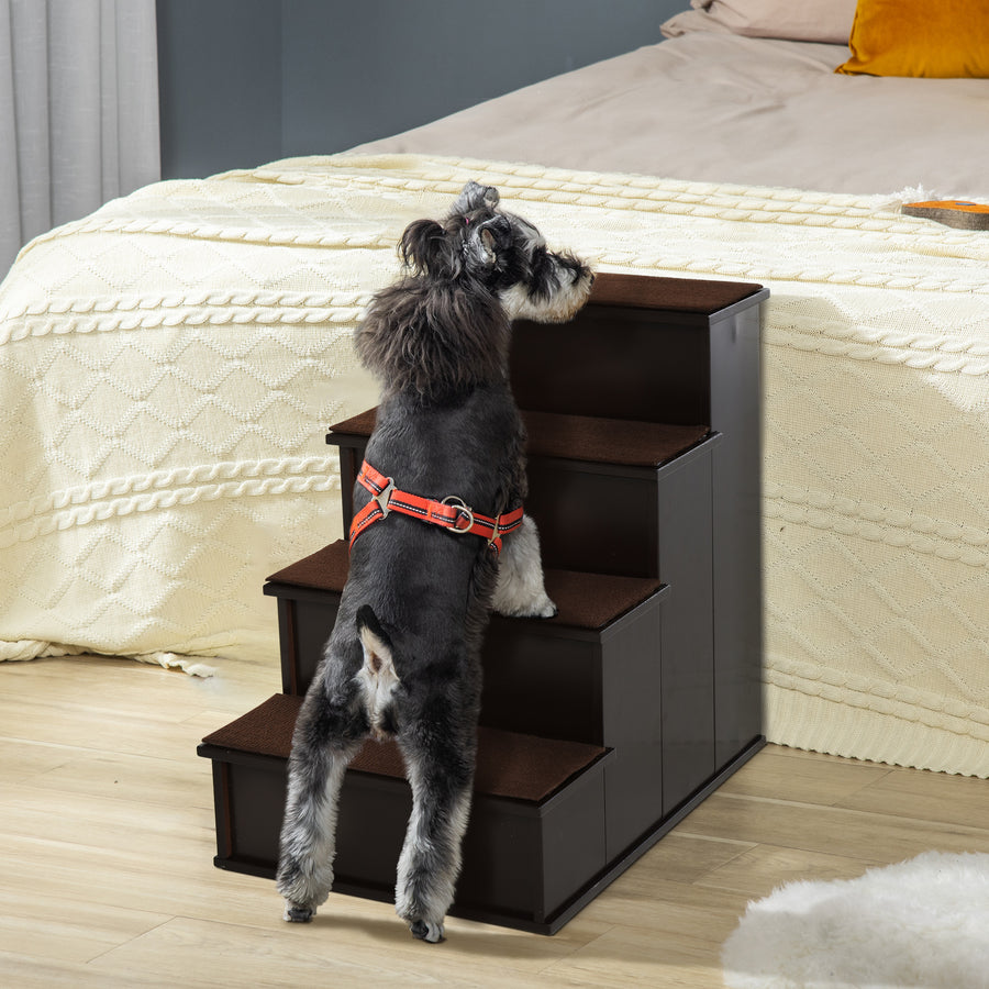 4 Step Wooden Dog Steps Pet Stairs for Dogs, Cat Ladder for Bed Couch with Non-Slip Carpet 40 x 59 x 54.2 cm, Dark brown