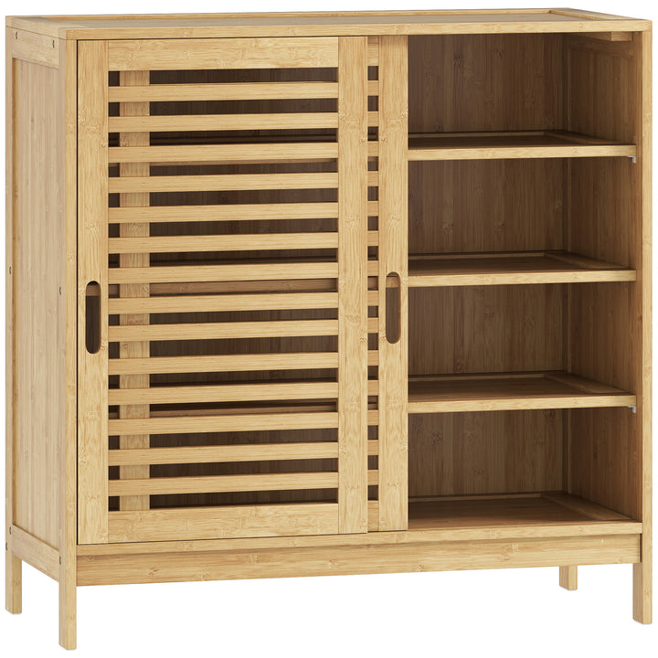 Bamboo Shoe Cabinet with 2 Sliding Slat Doors, 16Pairs, Adjustable She