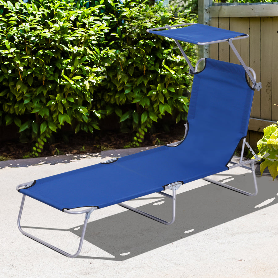 Single Sun Lounger, with Awning and Reclining Back - Blue