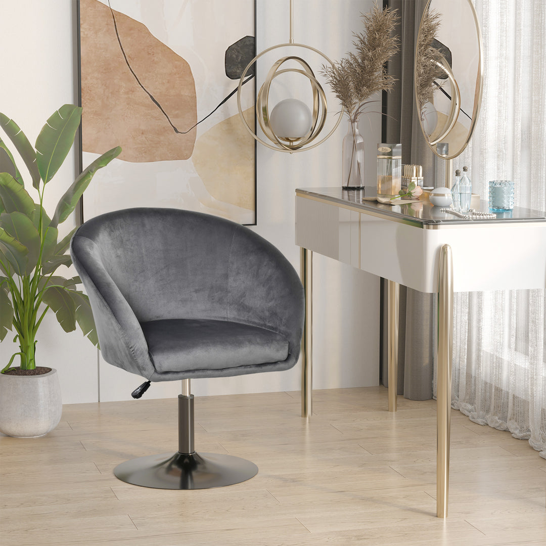 HOMCOM Dressing Table Chair, 360° Swivel Velvet-feel Upholstered Vanity Chair with Tub Seat, Back, Adjustable Height for Bedroom Makeup, Grey
