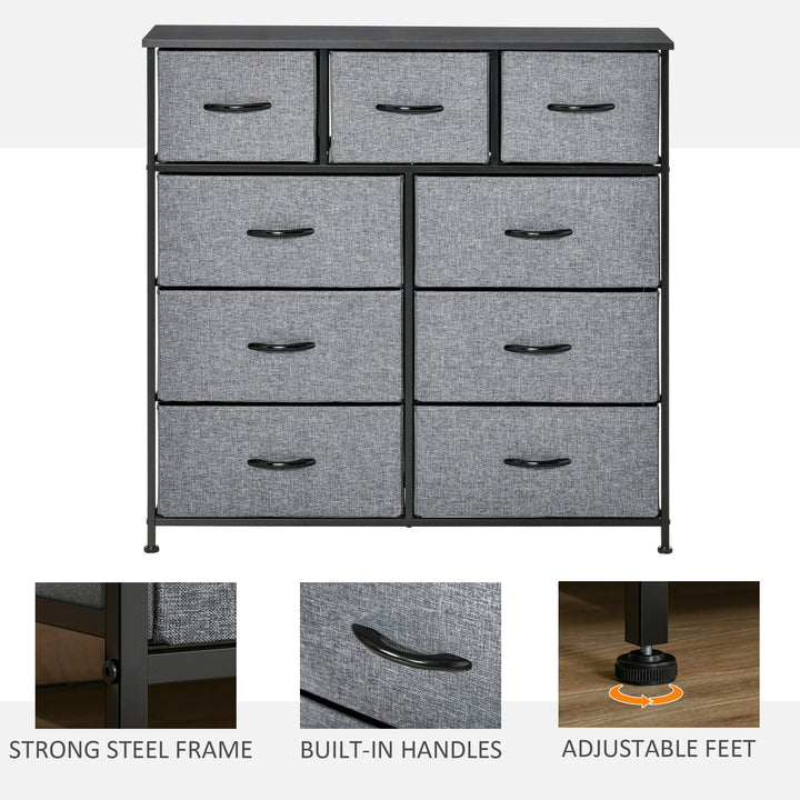Nine Drawer Fabric Dresser - Grey