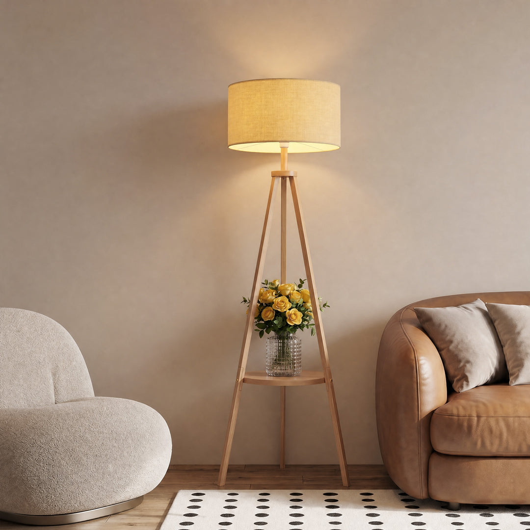Bedside Light, Tripod Floor Lamp with Storage Shelf and Linen Shade fo