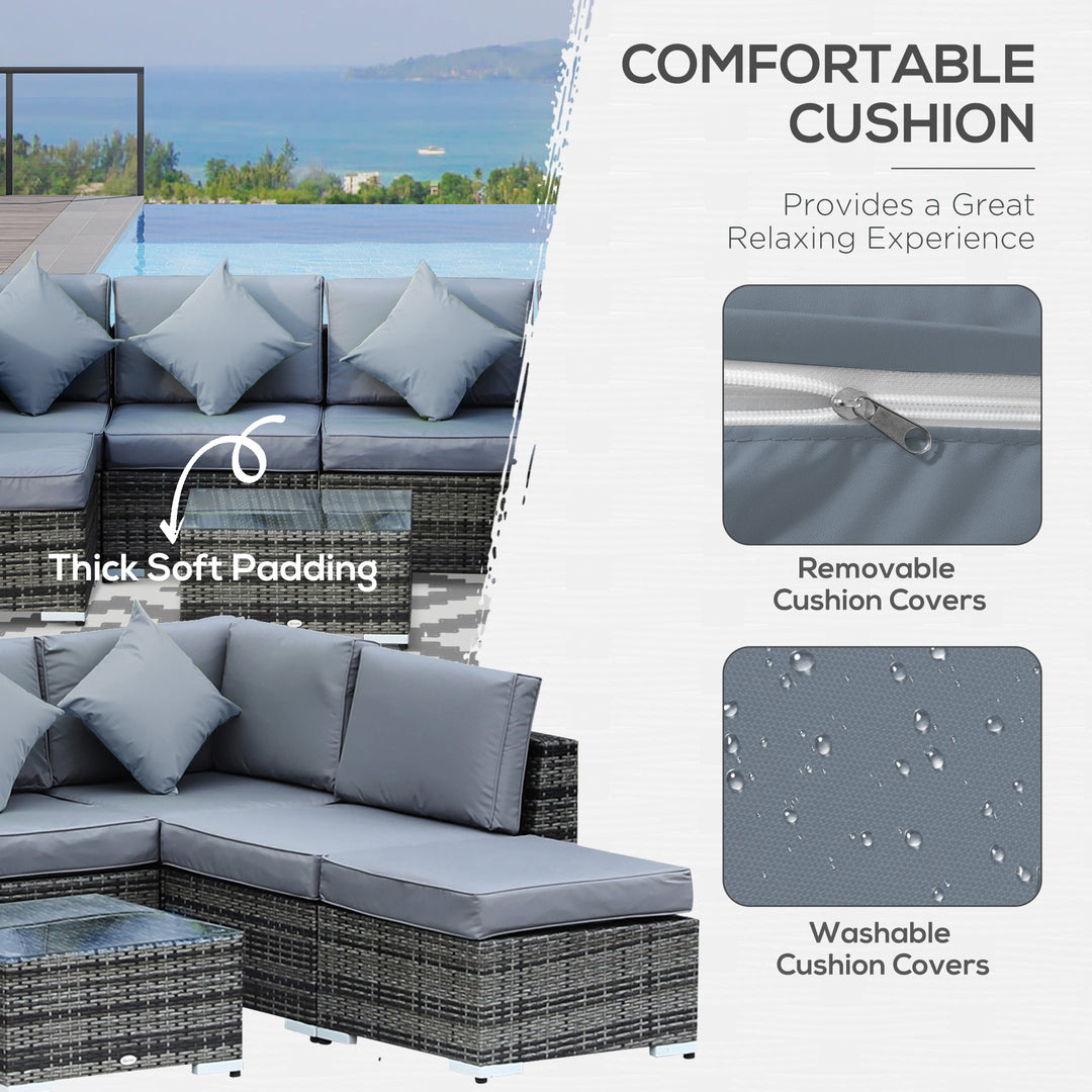 8 Piece Rattan Corner Sofa Set with Wide & Deep Seat, Assembled Aluminium PE Rattan Garden Furniture Set with Thick Cushions and Glass Top Table for Outdoor, Conservatory, Grey