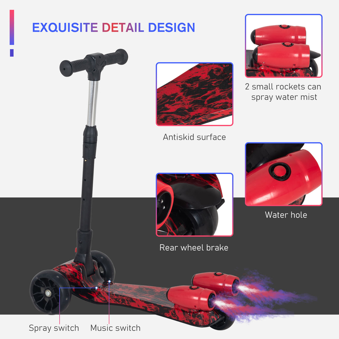 HOMCOM Kids 3 Wheel Kick Scooter Adjustable Height w/ Flashing Wheels Music Water Spray Foldable Design Cool On Off Road Vehicle Red