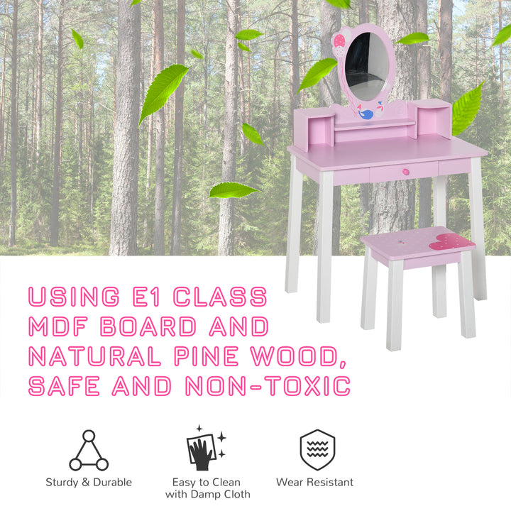 Kids Wooden Dressing Table and Stool Make Up Desk (Pink)