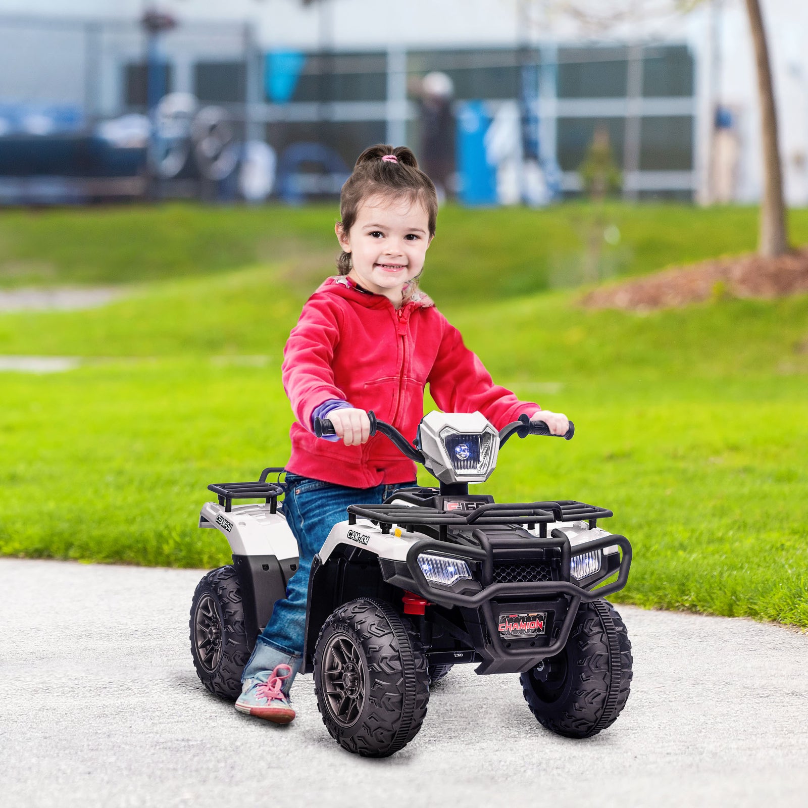 12V Kids Quad Bike with Forward, Reverse Functions, Ride-On ATV w/ Music, LED, Headlights, for Ages 3-5 Years - White