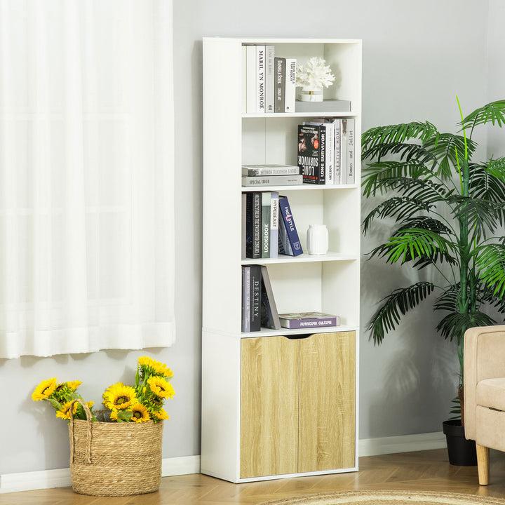 6-Tier Tall Bookcase, Bookshelf with 4 Open Shelves and Double Door Storage Cabinet, Freestanding Display Rack for Living Room, Bedroom, Home Office, Study, 59 x 29 x 180cm, White and Oak