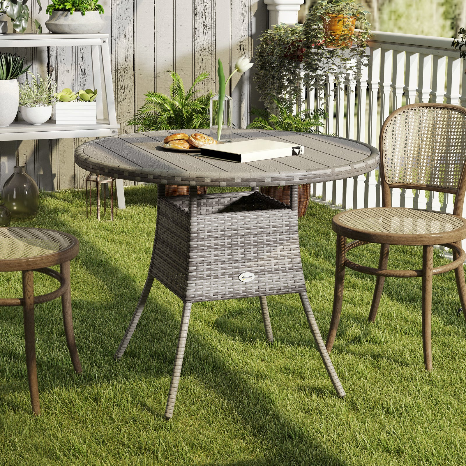90cm Four-Person Wood-Effect Rattan Table - Grey