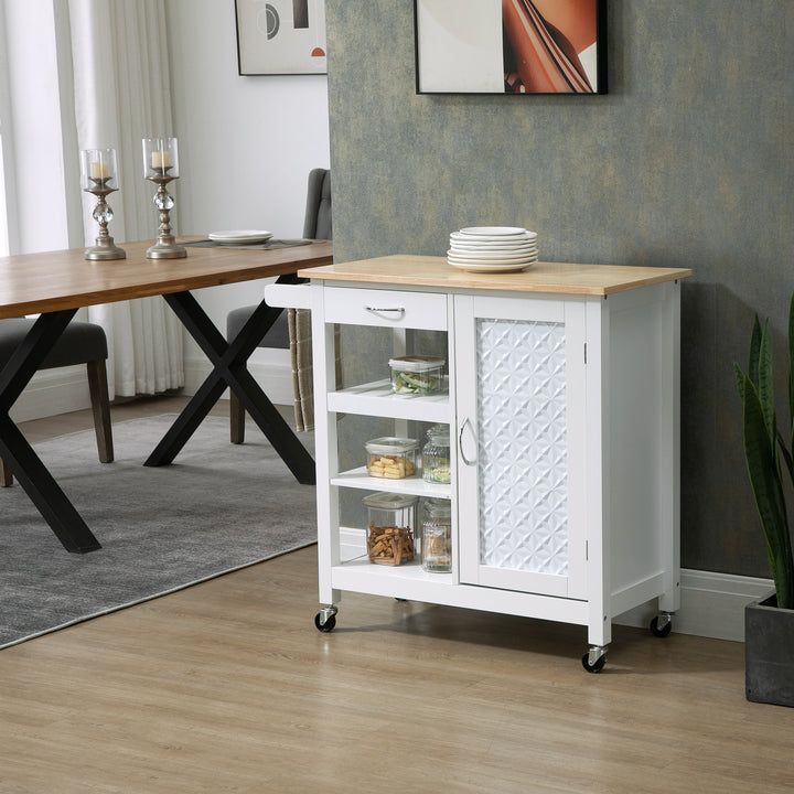 Kitchen Trolley, Kitchen Island on Wheels with Embossed Door Panel, Utility Kitchen Cart with 3 Storage Shelves, White