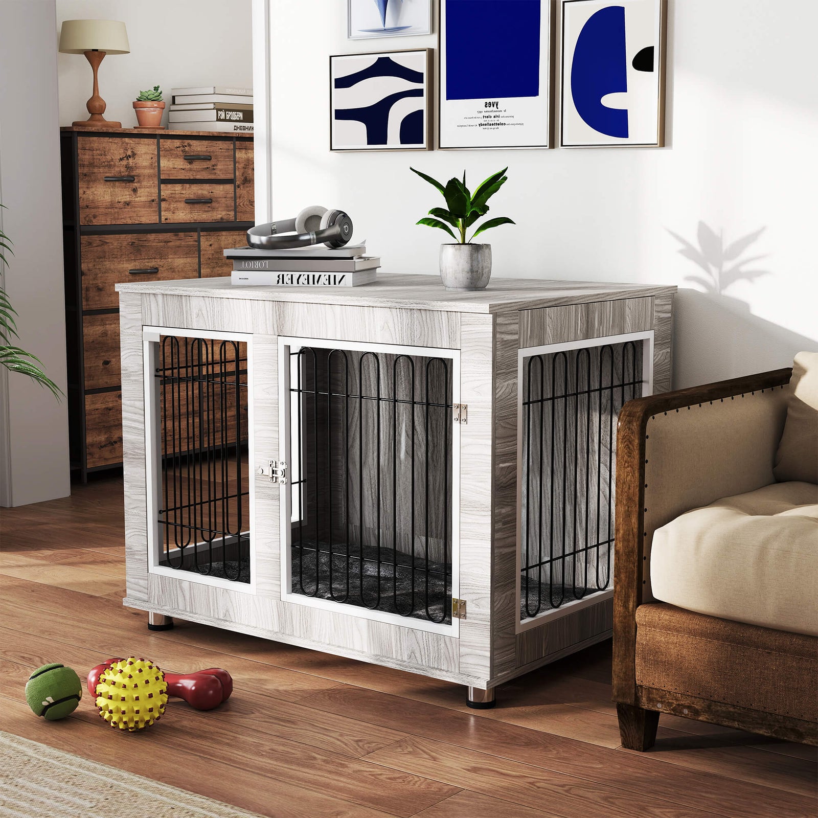 Indoor Dog Kennel w/ Soft Cushion, Double Door for Large Dogs, 106 x 74 x 81.5cm, Grey