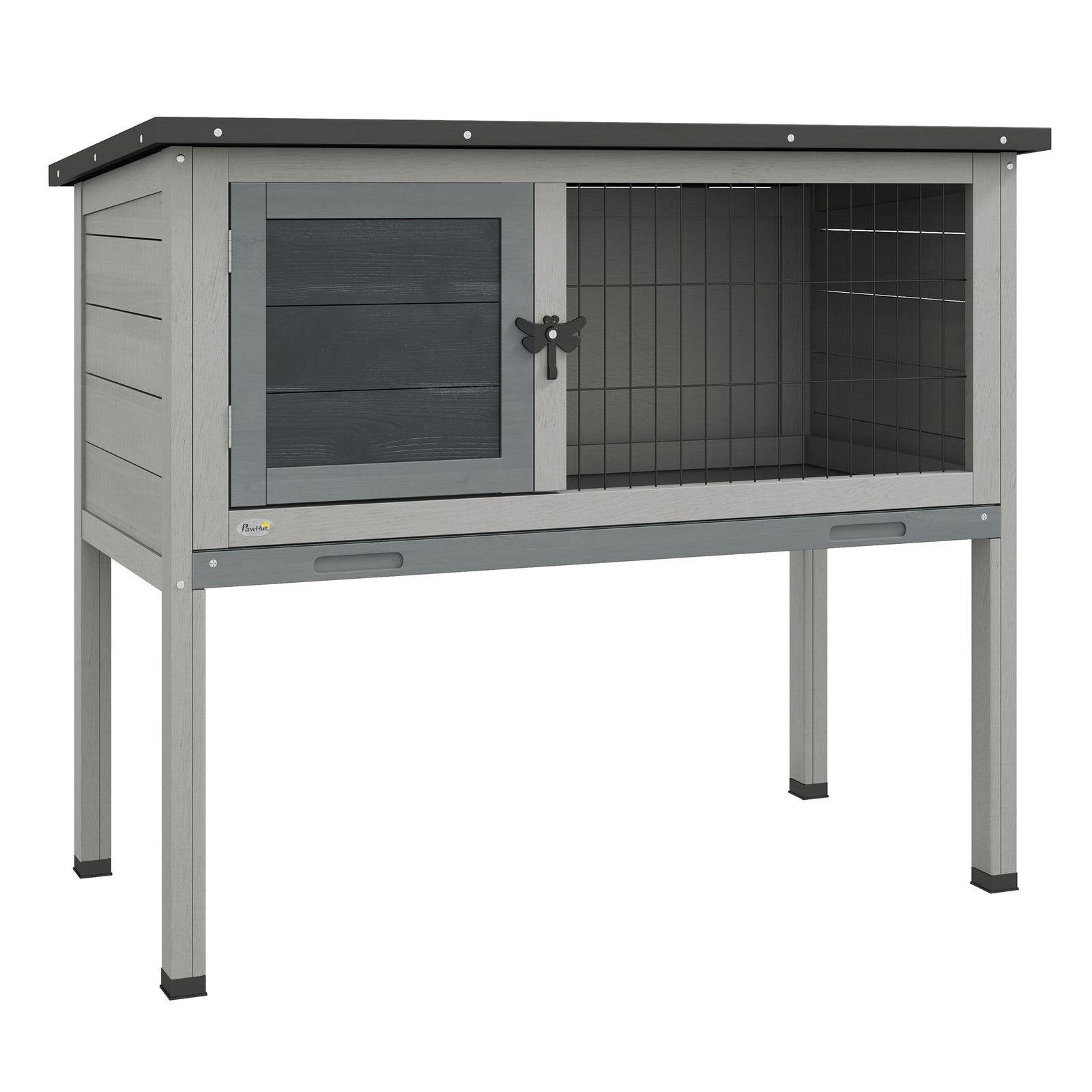 Wooden Guinea Pig Hutch, Small Animal Cage with Slide-out Tray, Openable Asphalt Roof, 84 x 43 x 70cm, Grey