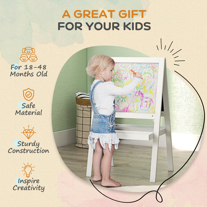 AIYAPLAY Kids Easel, Art Easel with Double Sided Whiteboard, Chalkboard, Storage, 2 in 1 Standing Easel for Toddlers 18-48 Months, White