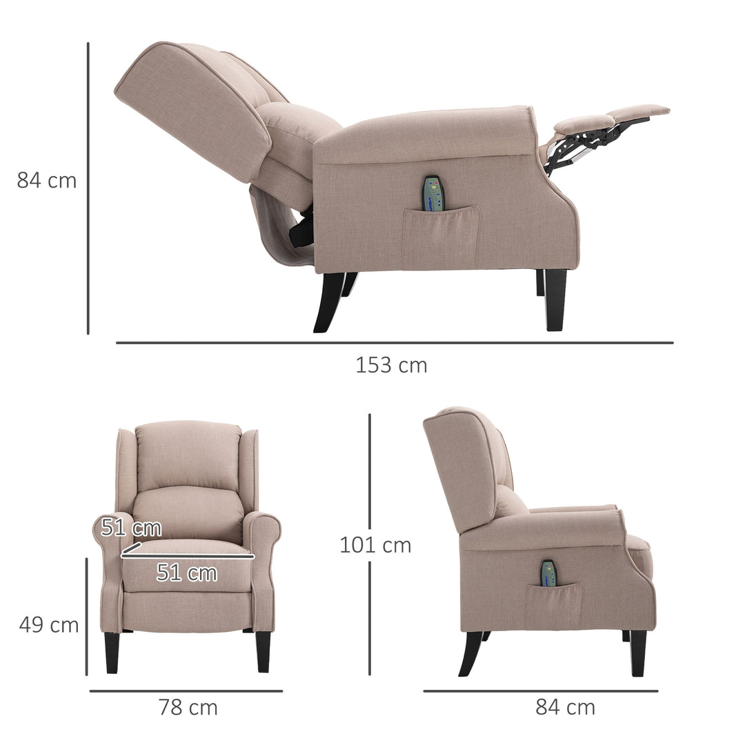 Heated Massage Reclining Armchair Thick Sponge Padded Linen Upholstery Metal Wood Frame Home Luxury Relaxation Beige