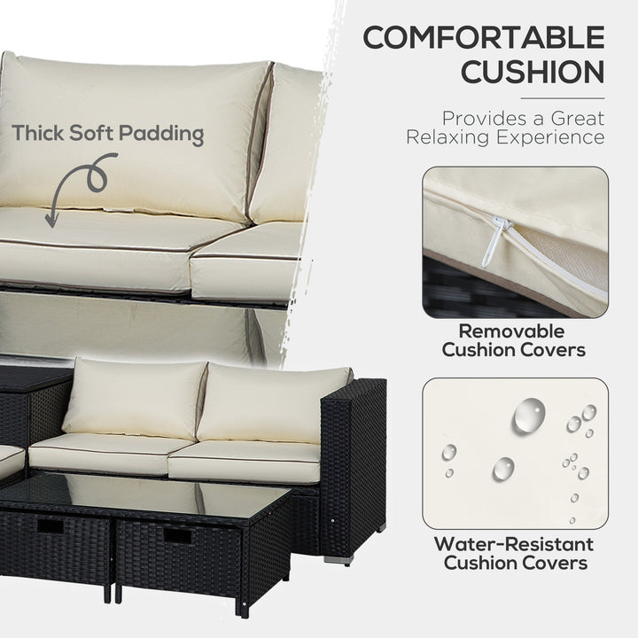 4 Pieces Rattan Garden Furniture Set, 4 Seater Corner Sofa Set with Storage Box, 2 Drawers Coffee Table, Loveseats with Cushions, Wicker Garden Conservatory Furniture for Balcony, Black