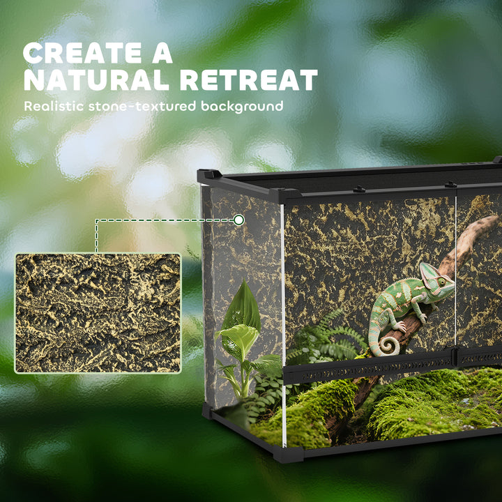 Reptile Glass Terrarium with Stone Background, Front Ventilation, Escape-Proof Knob Lock, 50 x 30 x 35 cm, Black