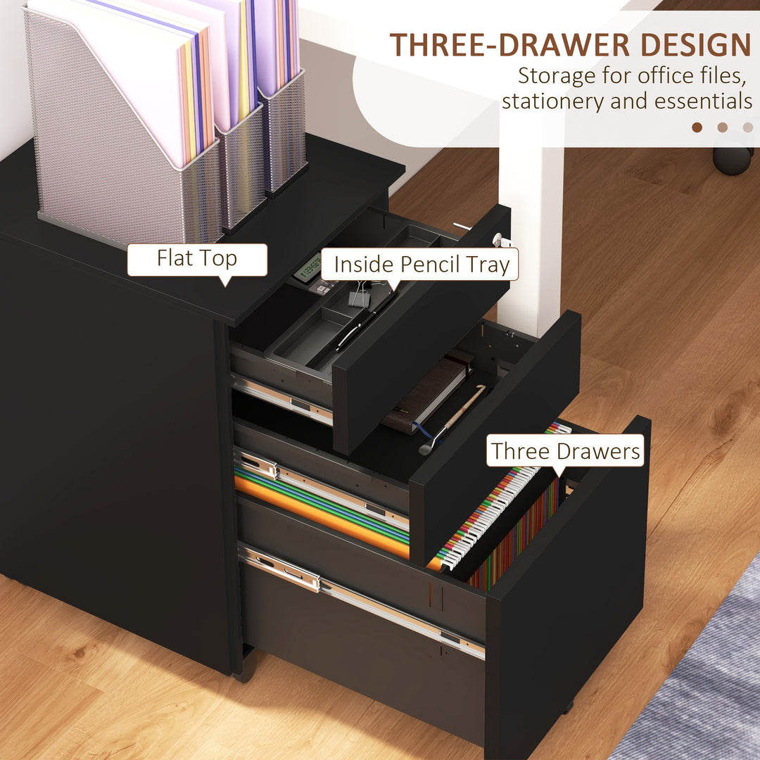 3-Drawer Vertical Filing Cabinet with Pencil Tray, Lock and 5 Wheels, Steel Mobile File Cabinet, for A4, Legal and Letter Size, Pre-Assembled Body, Black