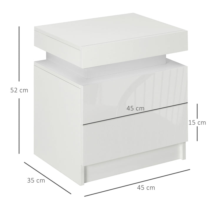 Set of 2 White Bedside Tables with LED Lights, High Gloss Front Nightstands with 4 Drawers