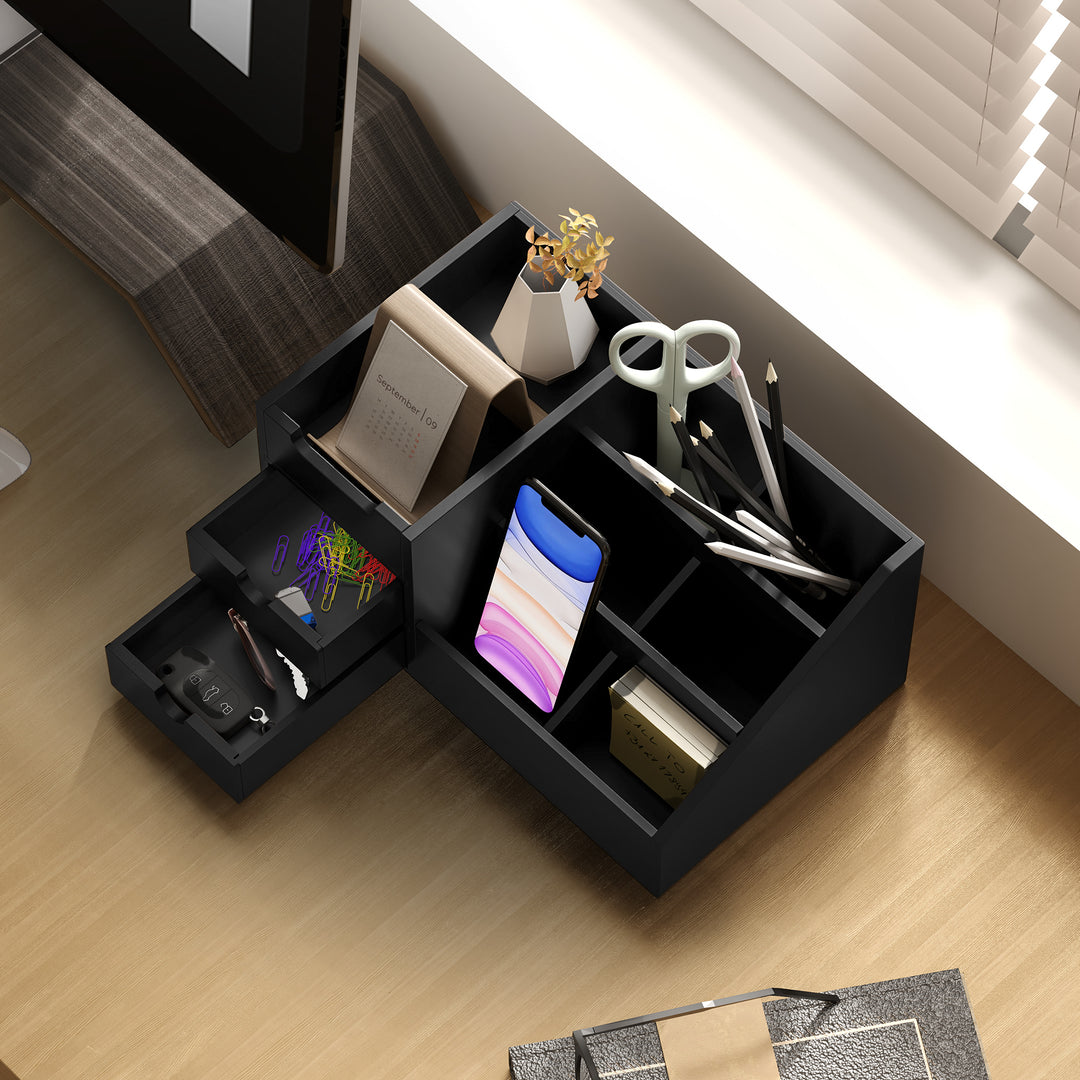 Desk Organiser Holder, Bamboo Multi-Function Storage Caddy with 7 Storage Compartments and 2 Drawers for Home Office Stationary Supplies, Black